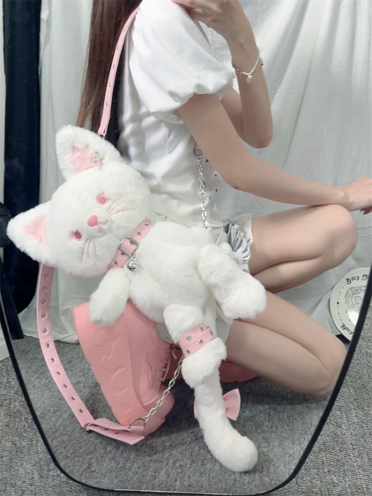 White Sweet Kitty Plush Backpack Bag