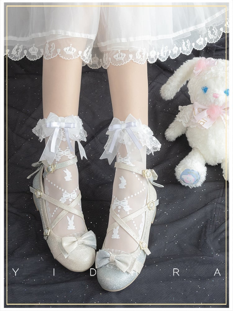 Black White  Bunny Bear Print Sweet Lolita Socks