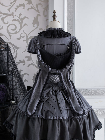 Detachable Bodice Gray Dark Overall Hood Plaid Lolita Ears Bunny Dress with Pattern