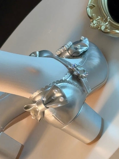 Schuhe Mary Runde Zehen Details Lolita Janes Perlen Silber Und Bowknot Verziert Strass