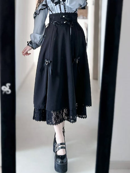 Trim Design Kei Skirt Jirai Black Lace-up Details Lace Slit Side