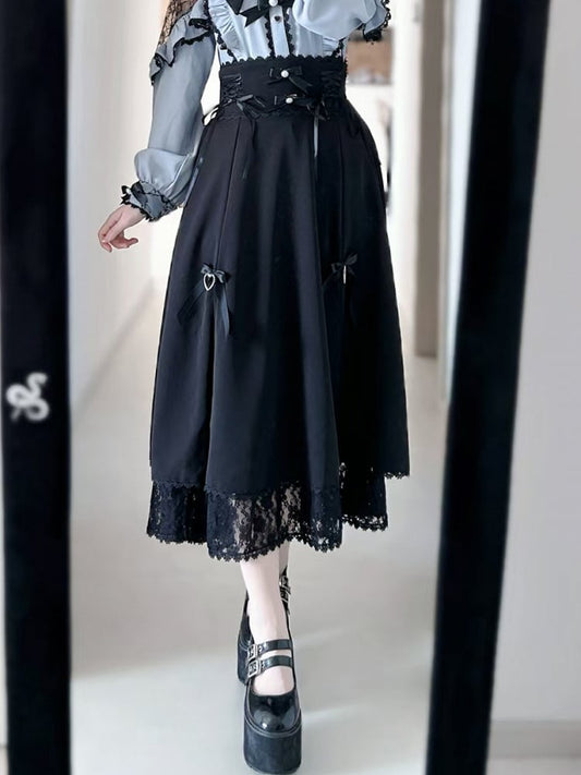 Trim Design Kei Skirt Jirai Black Lace-up Details Lace Slit Side