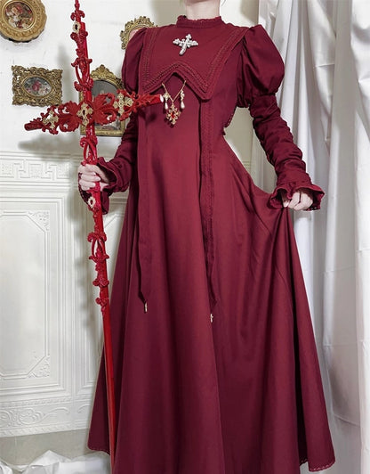 Wein Nonne Outfits Halloween Kleid Ärmel Kreuz Lolita Sammeln Stickerei Rot Juliette