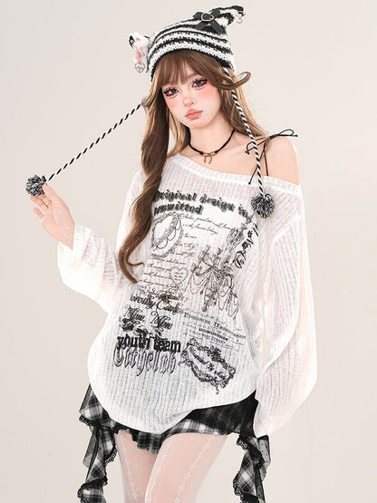 Black/White Asymmetrical Neckline Loose Fit Printed Top