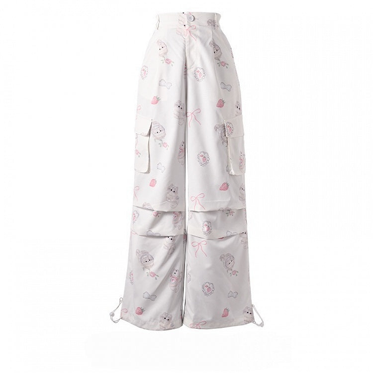 Cuffs Adorable Kitty Print Cargo Pockets Drawstring White Wide-Leg Pants