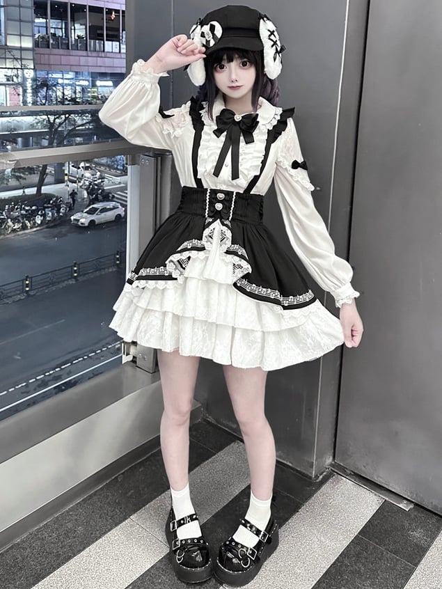 Jirai Kei Black and White High Waist Tiered Skirt Landmine Style Overall Dress