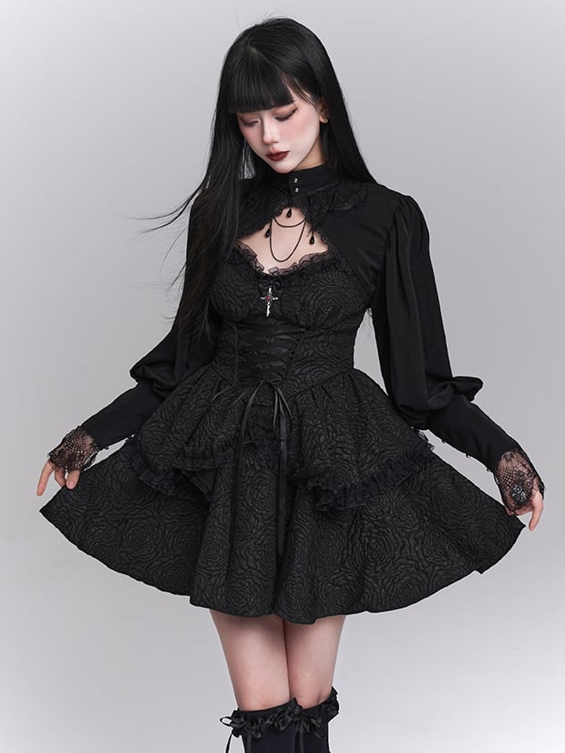 Skirt Gothic Black Sweetheart Neckline Lace-up Front Tiered