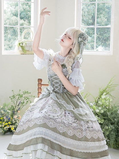 Dress Green with Trimmings Print and Layered Rabbit Country Teacup Lace Lolita