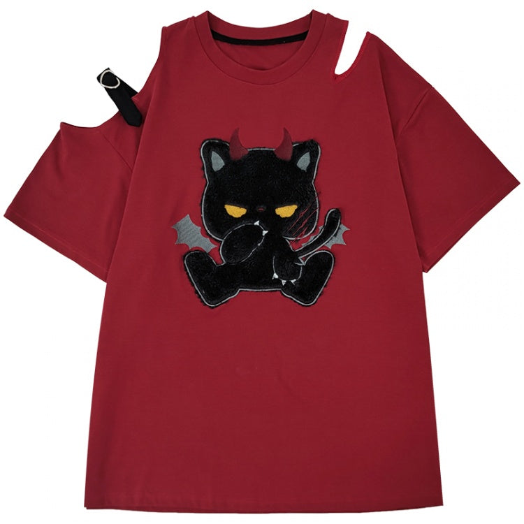 Dark Red Plush Evil Kitty Applique Cutout Shoulder Punk T-shirt