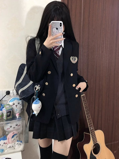 Blue JK Decorated Badge Uniform Dark Preppy Blazer Style