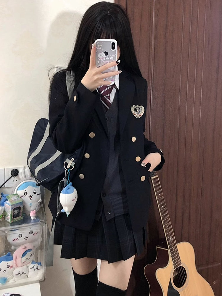 JK Dekoriert Blazer Blau Preppy Stil Abzeichen Uniform Dunkel