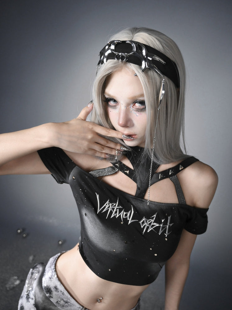 Futuristic Black Halter Neck Fashion Cyberpunk Top with Detachable Sleeves Y3K Cropped