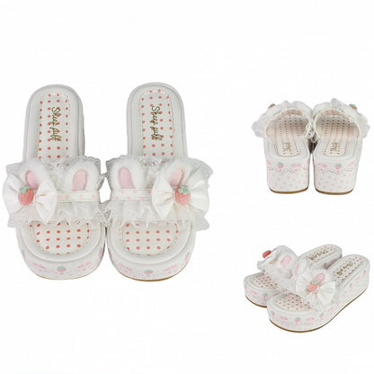 Trim Bow Platform Lolita Lace Accents Sweet White Ear Bunny Slippers Plush