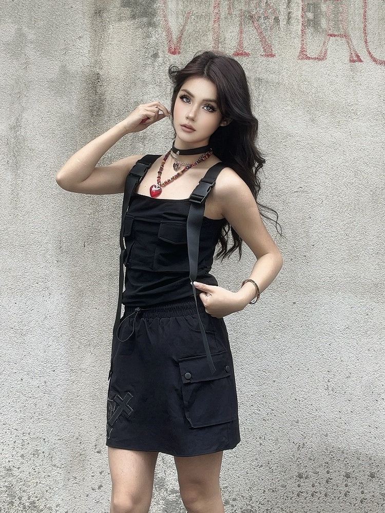 Cargo-Taschenrock mit Kreuz- und Skelett-Applikationen, Kordelzug, schwarze Taille