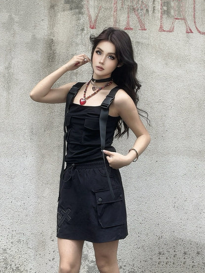 Cargo-Taschenrock mit Kreuz- und Skelett-Applikationen, Kordelzug, schwarze Taille