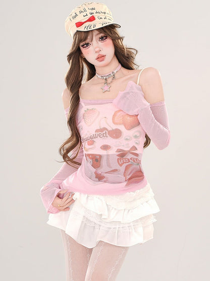 Pink/Apricot Strawberries Print Off-Shoulder Semi-sheer Top with Cami Top Set
