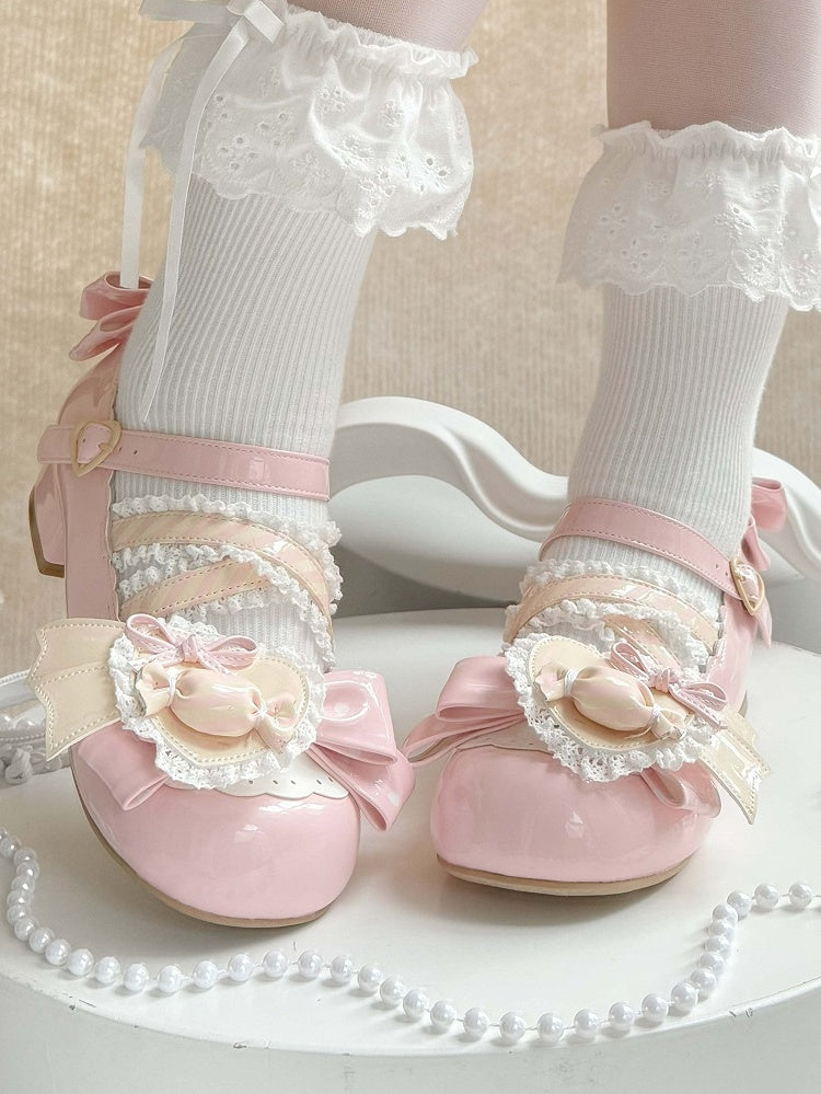Schleifen Akzente Pink Jane PU Licht Mary Süße Schuhe mit