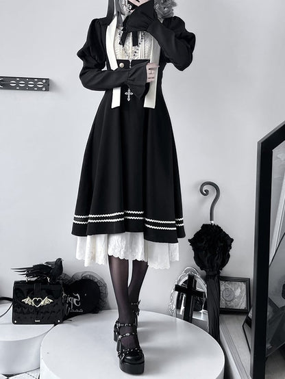 Black Ruffled Trim Long Sleeves Nun Dress