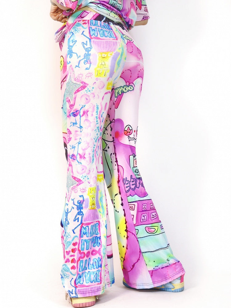 Cartoon Silhouette Pants Flare Print Y2K Colorful