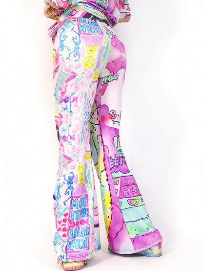 Cartoon Silhouette Pants Flare Print Y2K Colorful