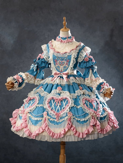 Rosette Embroidery Floral and Bead Chain Details Blue Gorgeous Hanayome Lolita Dress