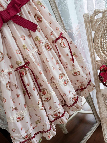 Strawberry Print Pink House Beige Short Sleeves Lolita Dress