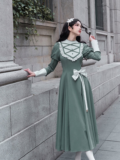 Robe verte élégante à manches Juliette, style lolita, manches longues, une pièce