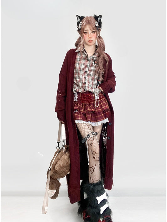 Wine Red Distressed Holes Long Cardigan