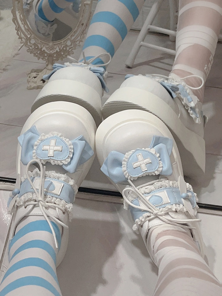 Tenshi Kaiwai Light Blue Yami Kawaii Cross Bowknot Lace-up Detail Platform Shoes