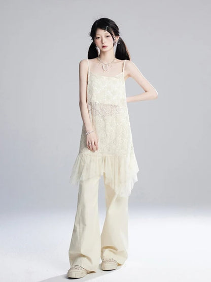 Strapless Hem Cropped Sequins Mesh Slip Dress/Apricot Apricot Semi-sheer Top Star Pattern Asymmetrical