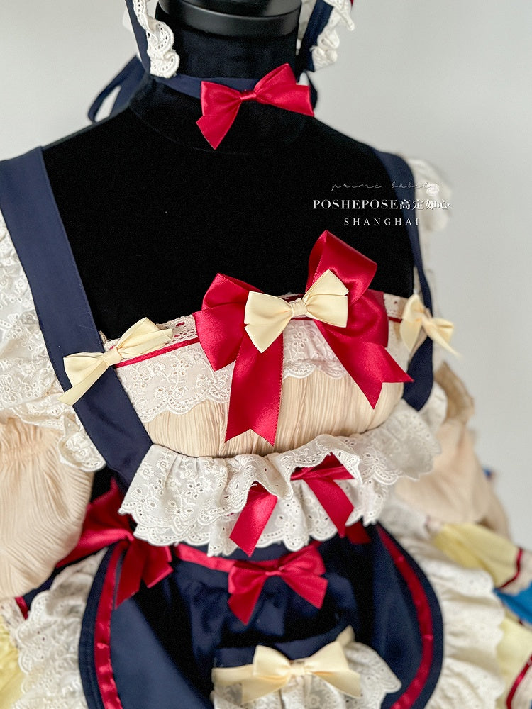 Dark Blue and Red Snow White Sweet Maid Apron + Basque Waist Strapless Tiered Ruffle Puffy Dress