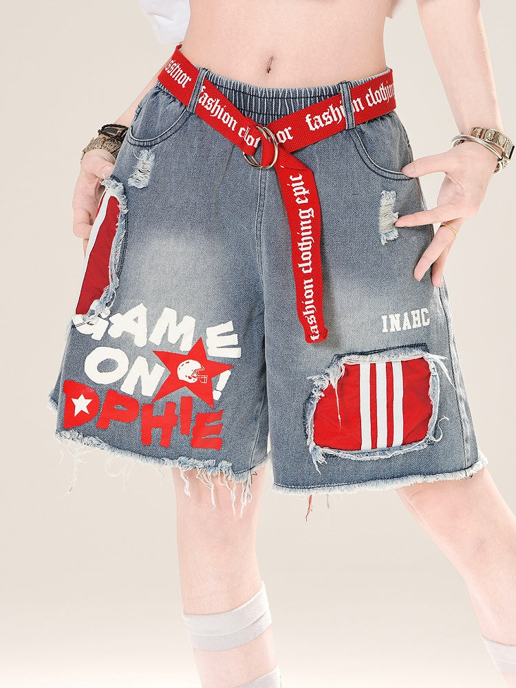 Denim Shorts Waist Belt with Blue Elastic Waist Raw Hem Distressed Holes