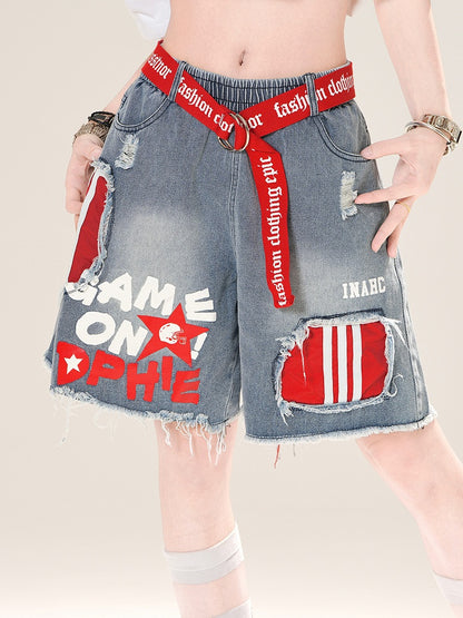 Denim Shorts Waist Belt with Blue Elastic Waist Raw Hem Distressed Holes