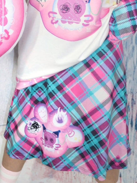 Skirt Cat Claw Pattern Y2K Print GreenPink Plaid