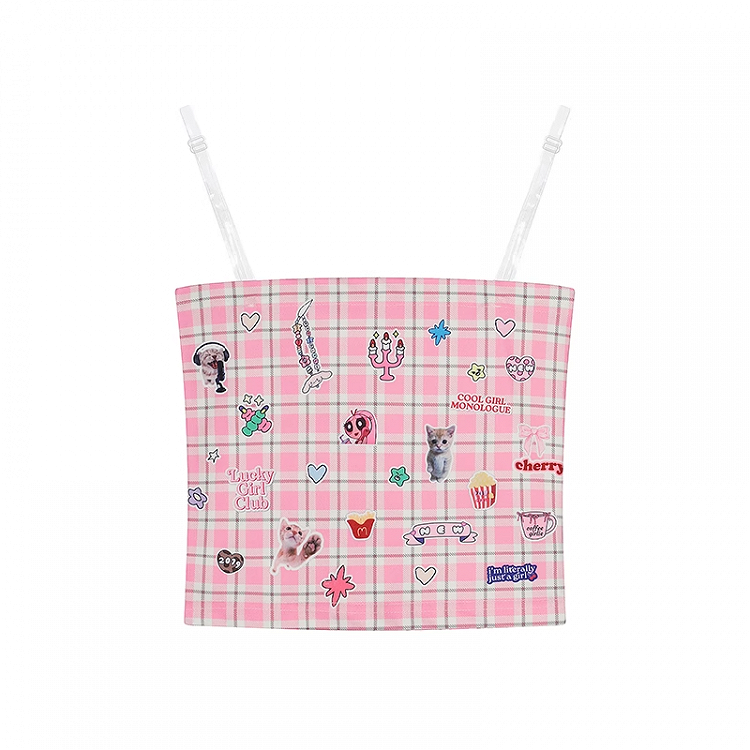 Strapless Top Print Cute Kitten Sticker Pink Plaid Cropped