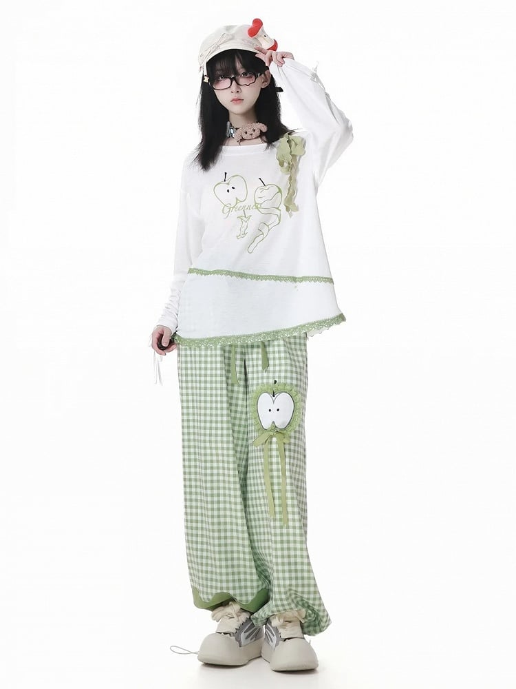 Green Plaid Pattern Apple Embroidery Drawstring Cuffs Belt Casual Pants with Self-tie