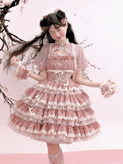 Lolita Ruffles Embroidery with Pink Lace Goldfish Details Dress Sweet and Tiered