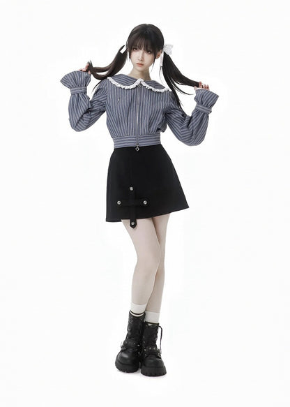 Blue&White Striped Pattern Lace Trim Peter Pan Collar Thicken Blouse