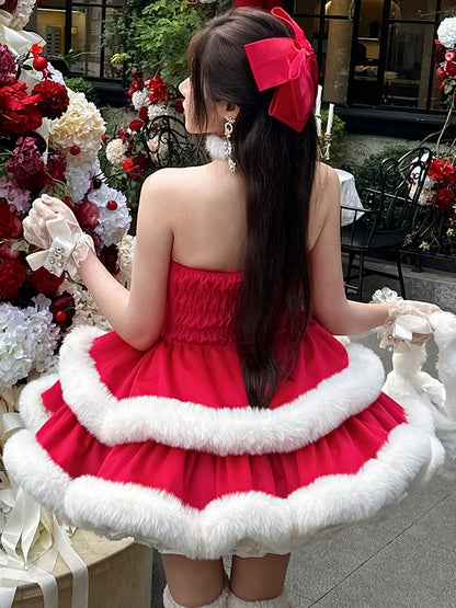 Red Christmas Snowflake Bows Bodice Plush Trimming Strapless Dress