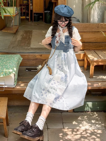 Mori Denim Overall Dress Blue Plaid and Floral Patchwork Design Kei