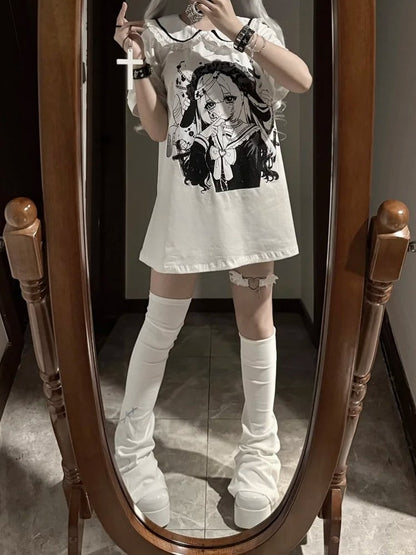 Pan Jirai Kei T-Shirt Weiß Anime Girl Print Peter Collar