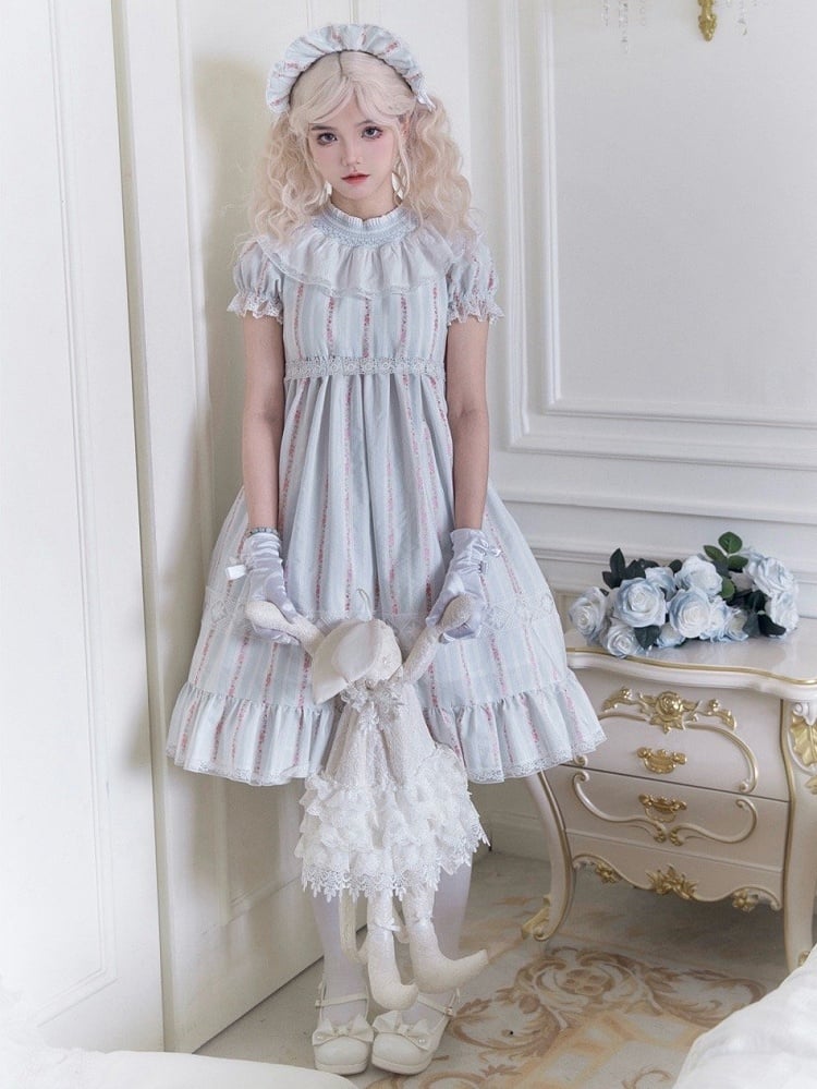 Light Cotton Sleeves Waist Dress Sweet Lolita High Blue Puff