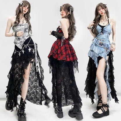 Slit Bittersweet Asymmetrical Glamorous Skirt Thigh-high Black Hem Lace