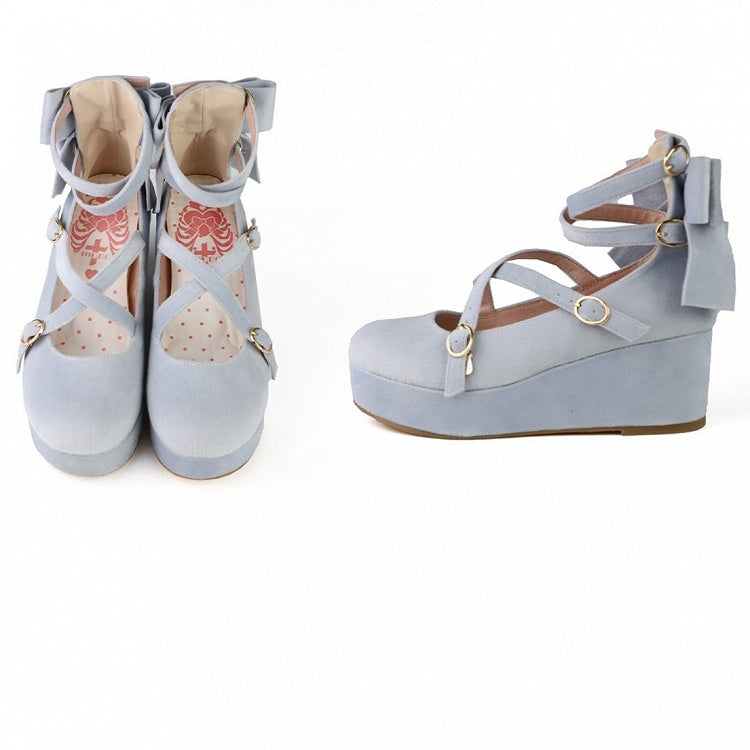 Sweet Accent PU Design Platforms - Blue Wedge Crisscross Lolita Bow