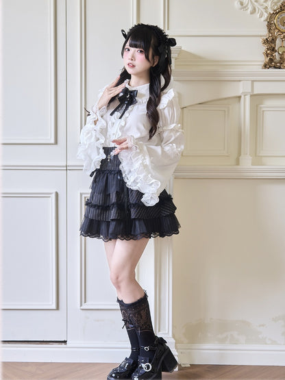 Jirai Kei Peter Collar Bowknot Sleeves Ruffled Lace Gothic Lolita Pan Trim White Blouse with Detachable Bell