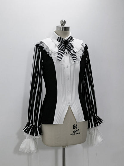 Black and White Ouji Lolita Circus Magician Vibes Striped Long Sleeves Shirt