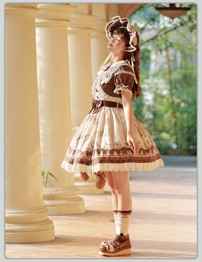 Braunes Lolita-Kleid mit Rüschen und Rundhalsausschnitt, Kitty- und Teddy-Print, Sweet Lolita OP
