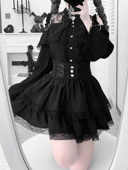 Offenes Jirai Kei Bell Shoulders Black Set: mit Top Three-Piece Sleeves All