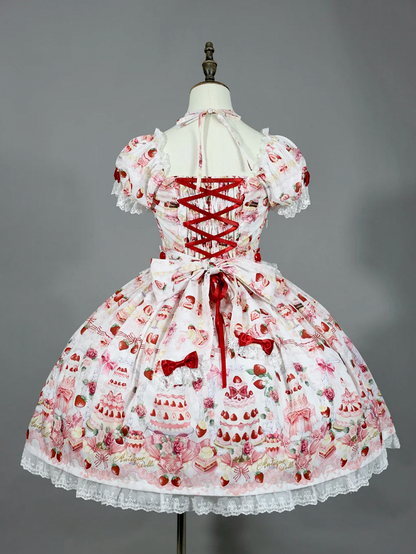 Bow Sweet Set Print White Strawberry Accents / Lolita Full Cake Dress