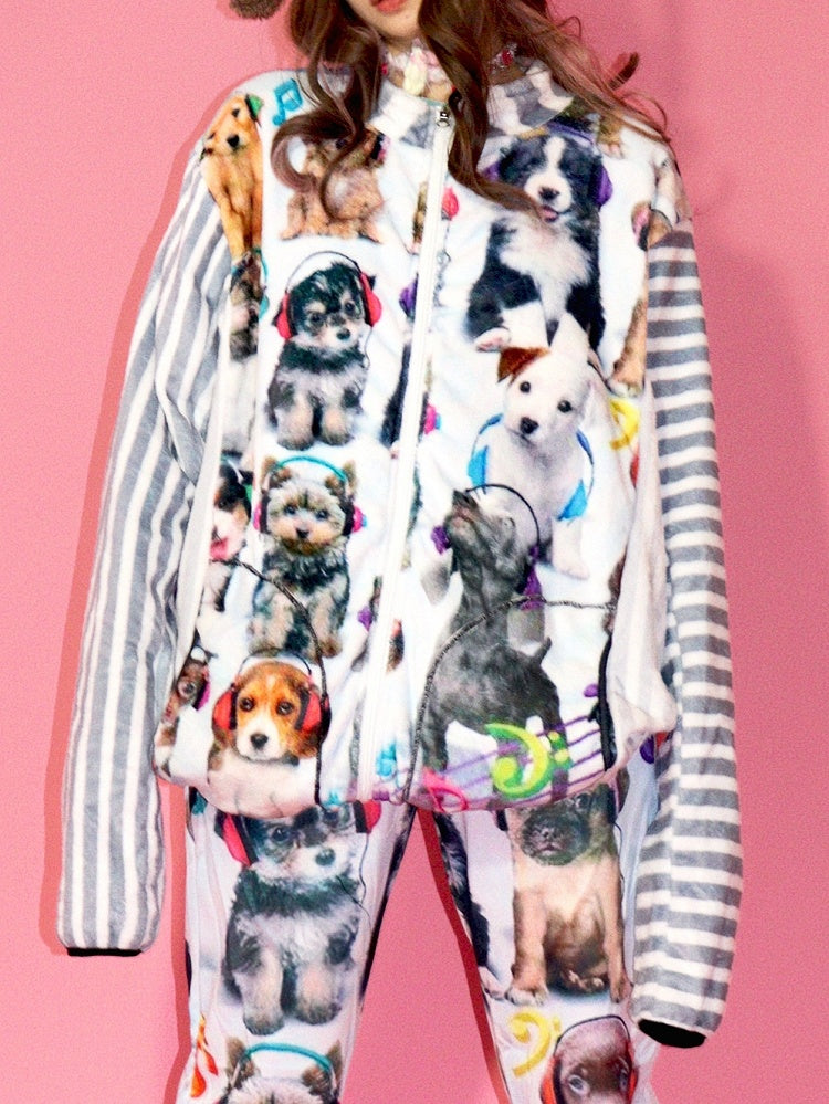 Gyaru Puppy Pattern Jacket Striped Print Fashion White